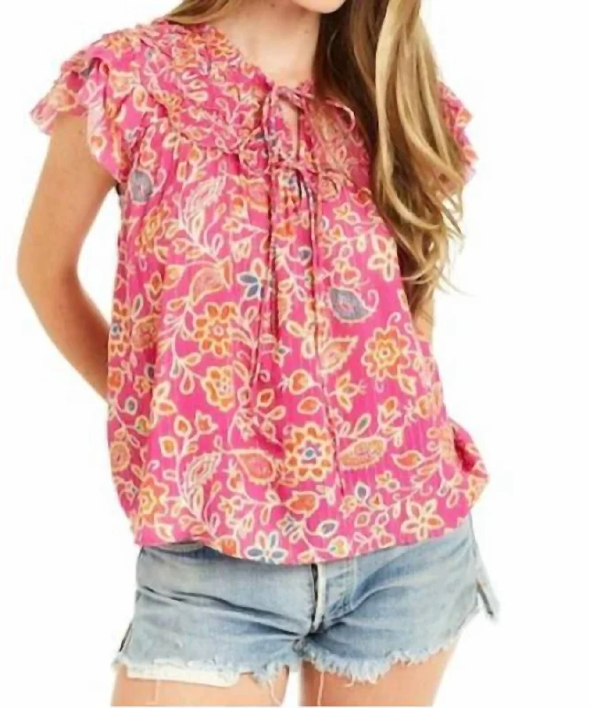 Liza Ruffle Trim Blouse In Alessandra Pink Print Satin Drape Blouse