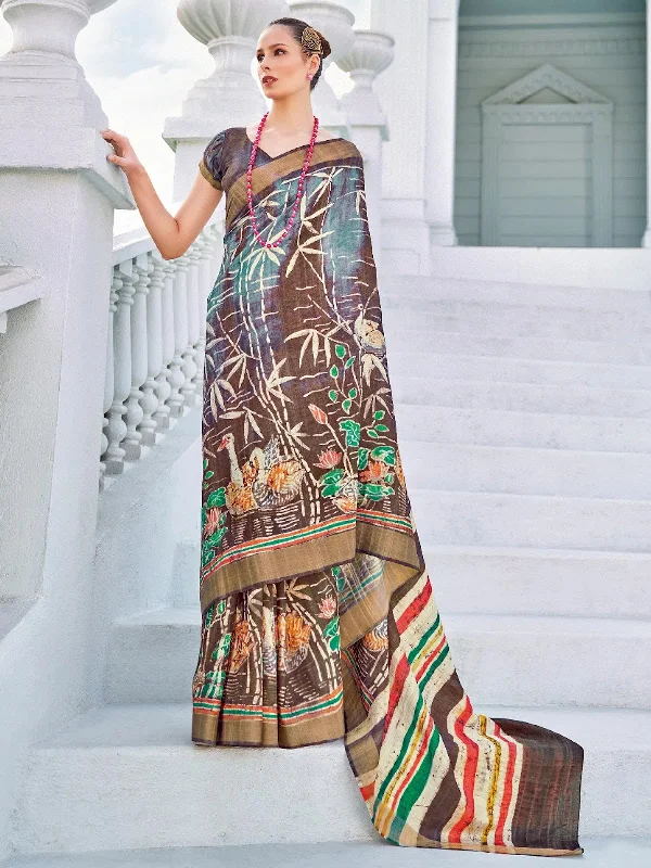 Saree Mall Women's Cotton Blend Brown Printed Designer Saree With Blouse Piece-RJGHRNA107 Smart Casual Blouse
