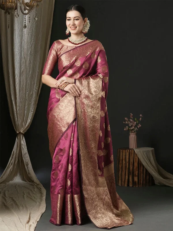 Saree Mall Women's Organza Magenta Woven Design Designer Saree With Blouse Piece-UNATI2001 Feminine Puff Blouse