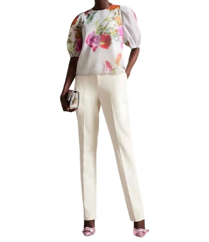 Pastel Floral Print Ayymee Puff-Sleeve Blouse In White Stretchy Fitted Blouse