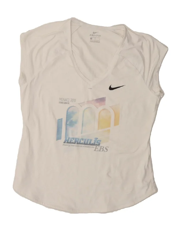 NIKE Womens Dri Fit Graphic T-Shirt Top UK 12 Medium White-- Chenille Blend Fleece Blend Nylon Blend