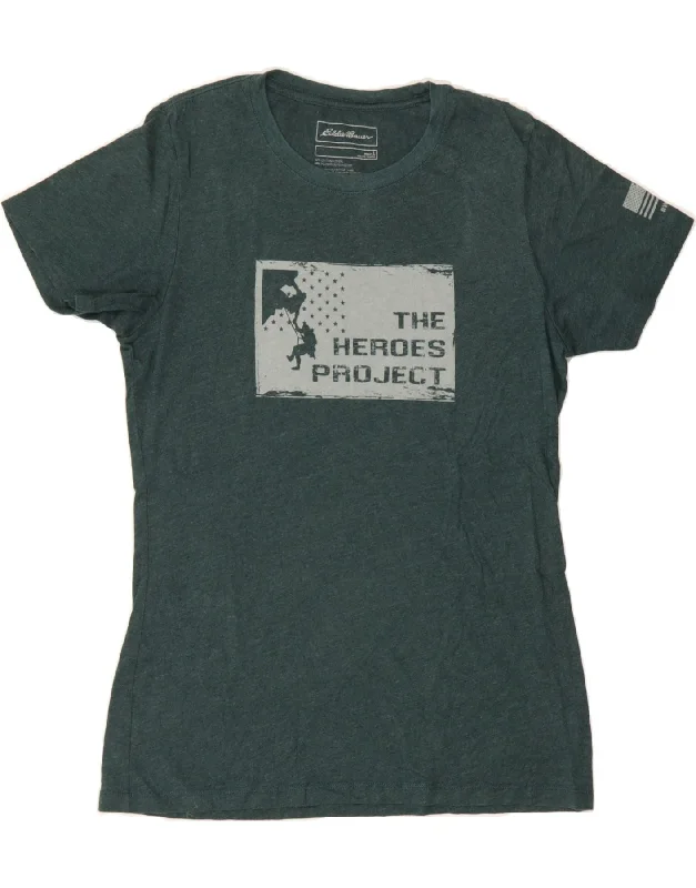 EDDIE BAUER Womens Graphic T-Shirt Top UK 14 Large Green Cotton-- Fitted T-Shirt Seamless Stretchy