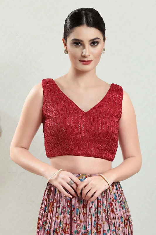 Red Brocade Embroidered Sleeveless Blouse Double-Layered Blouse