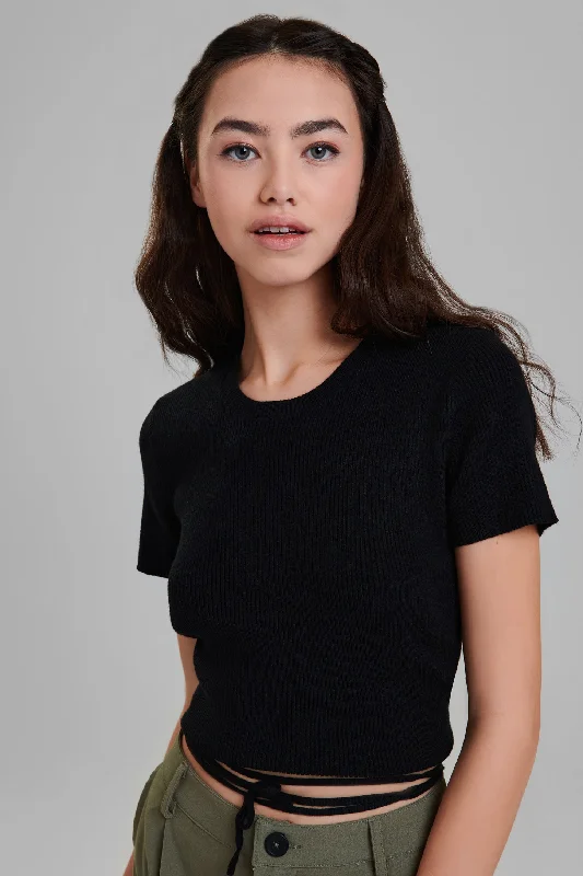 T-shirt écourté à cordons - Femme-- Notch Collar Peter Pan Collar Cowl Neck