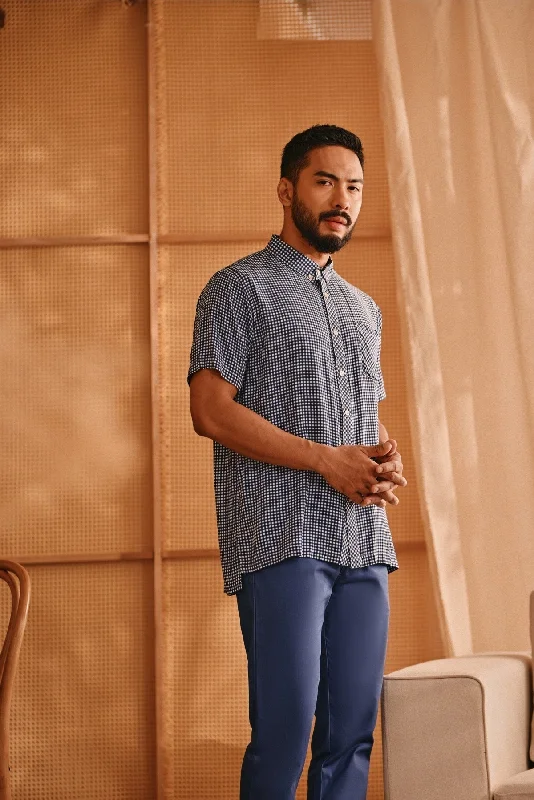 The Nest Men Batik Shirt - Blue Checked-- Polka Dot Checkered Tartan