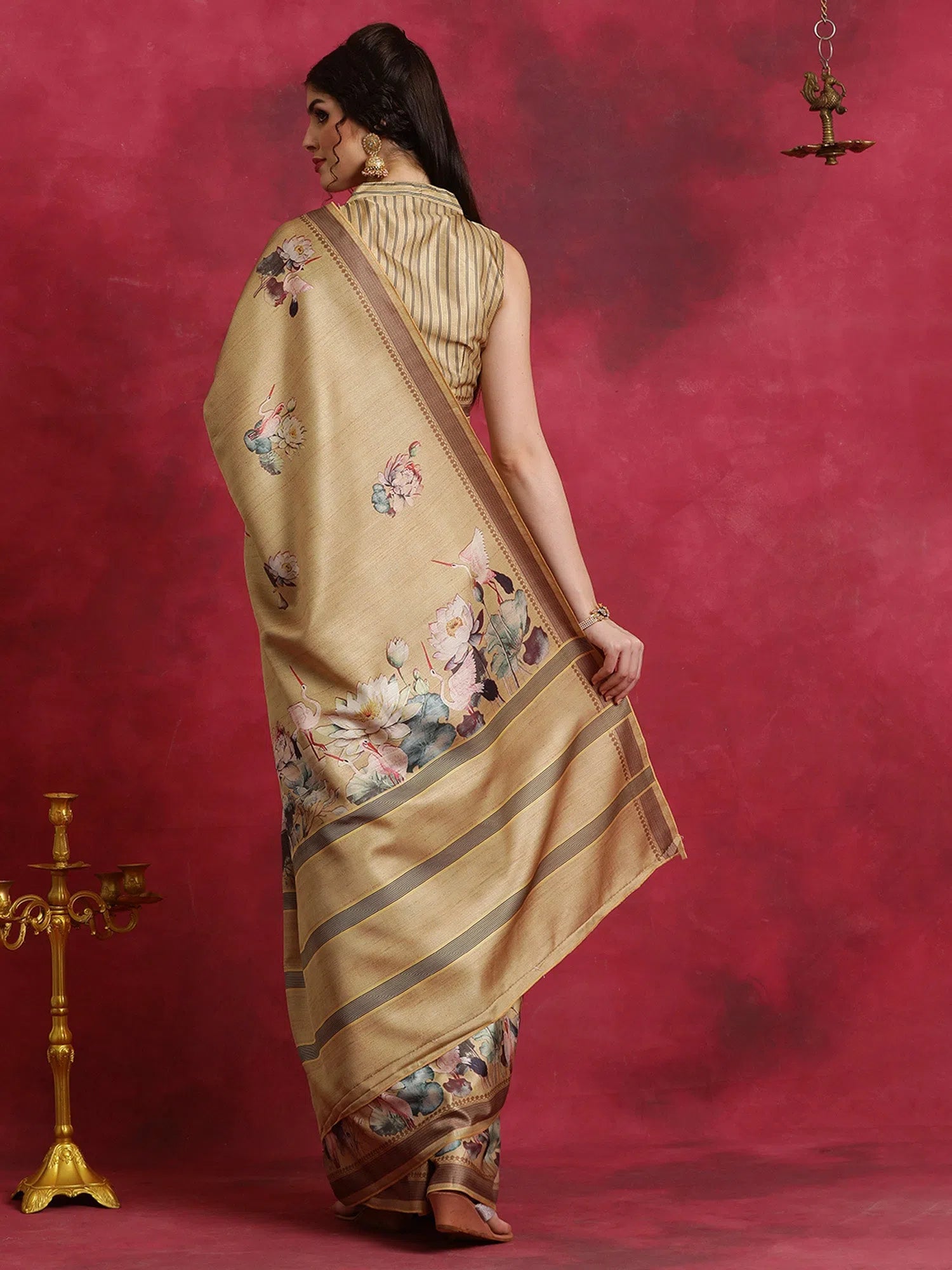 Saree Mall Women's Cotton Blend Beige Printed Designer Saree With Blouse Piece-HIBRO107A Boho Printed Blouse