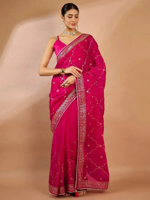 Saree Mall Women's Organza Pink Embellished Designer Saree With Blouse Piece-SRENIK2097E High Neck Blouse