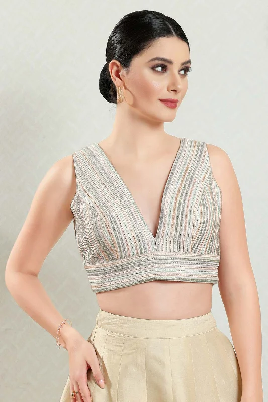 Multicolor Brocade Woven Design Sleeveless Blouse Pleated Collar Blouse