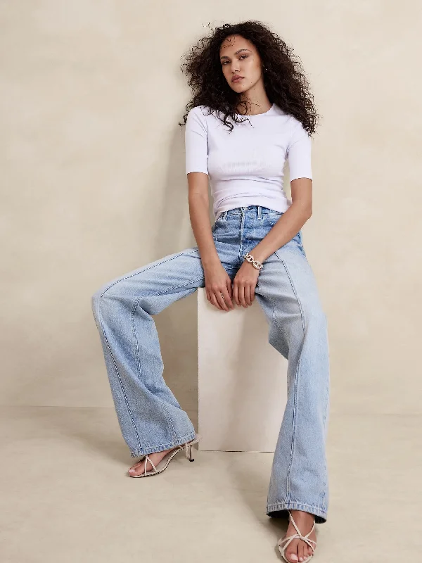 Ribbed Elbow-Sleeve T-Shirt-- Layered Multi-layer Single Layer