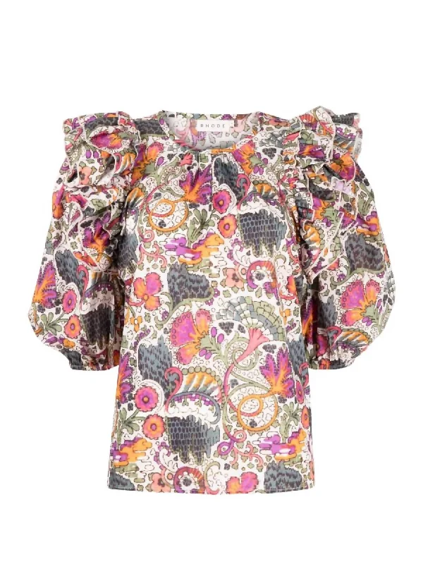 Nino Ruffle Trim Elbow Sleeve Blouse In Lamu Multi Drape Neck Blouse