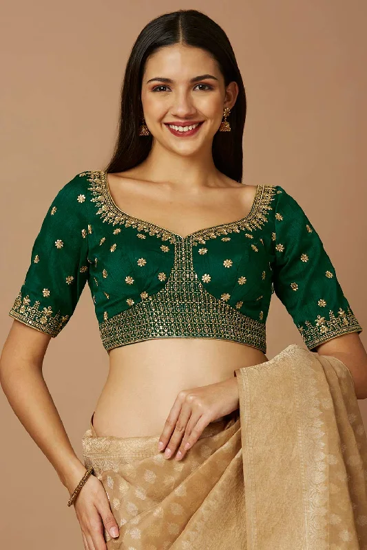 Green Silk Elbow Length Padded Blouse Double-Layered Blouse