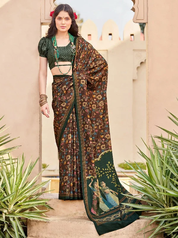Saree Mall Women's  Blend Brown Printed Designer Saree With Blouse Piece-RPRANI101 Airy Cotton Blouse