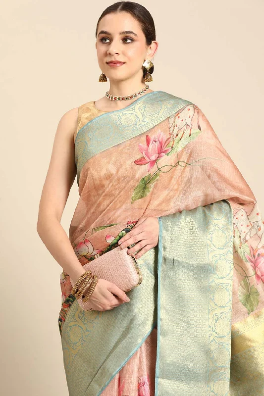 Peach Pichwai Muga Silk Digital Print Saree With Unstitched Blouse Piece Lightweight Tunic Blouse
