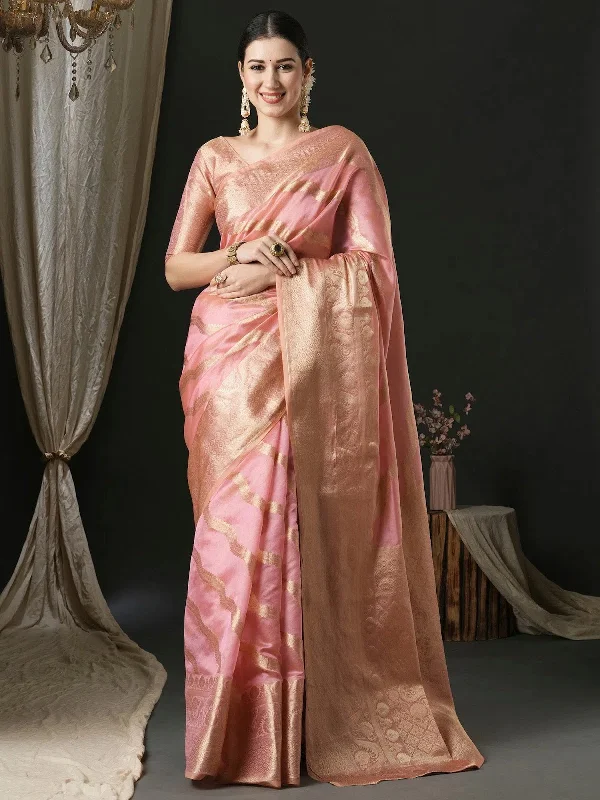 Saree Mall Women's Organza Pink Woven Design Designer Saree With Blouse Piece-UNATI1003 Oversized Silk Blouse