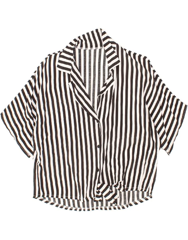 VINTAGE Womens Short Sleeve Shirt Blouse UK 18 XL White Striped Viscose-- Ribbed Striped Patterned