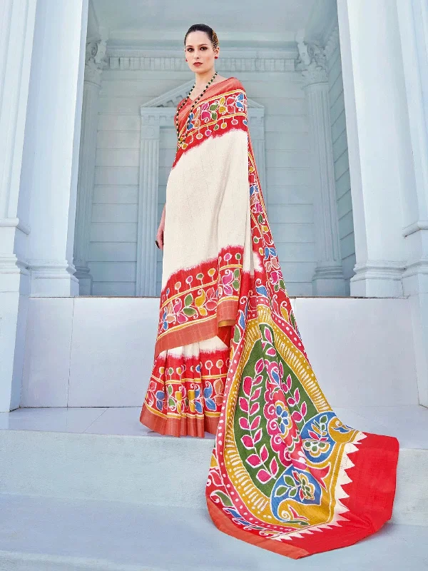Saree Mall Women's Cotton Blend White Printed Designer Saree With Blouse Piece-RJGHRNA104 Mandarin Collar Blouse
