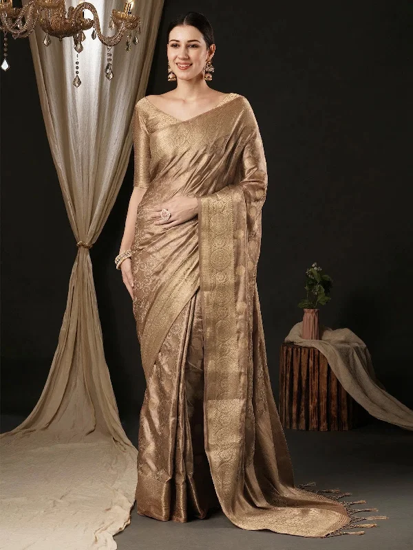 Saree Mall Women's Satin  Beige Woven Design Designer Saree With Blouse Piece-AQRIUS01C Classic White Blouse
