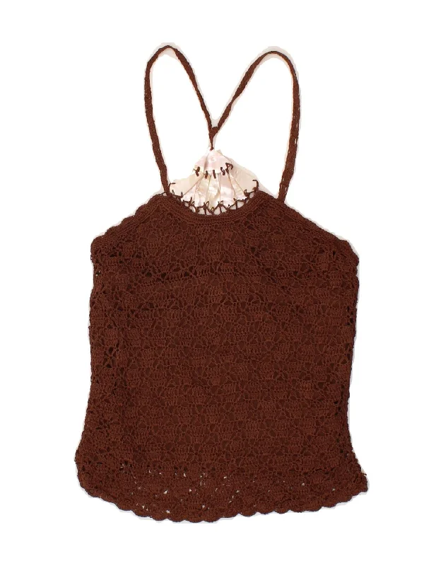 BAY Womens Crochet Blouse Top UK 10 Small Brown Viscose Playful Puff Blouse