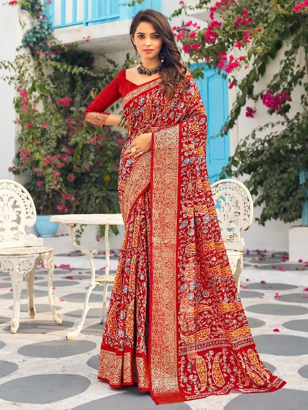 Saree Mall Women's Muga  Red Printed Designer Saree With Blouse Piece-DIPIKA8102 Embellished Collar Blouse