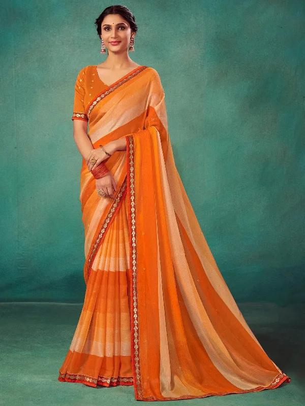 Saree Mall Women's Chiffon Orange Embellished Designer Saree With Blouse Piece-SHIVIKA2005 Pleated Collar Blouse