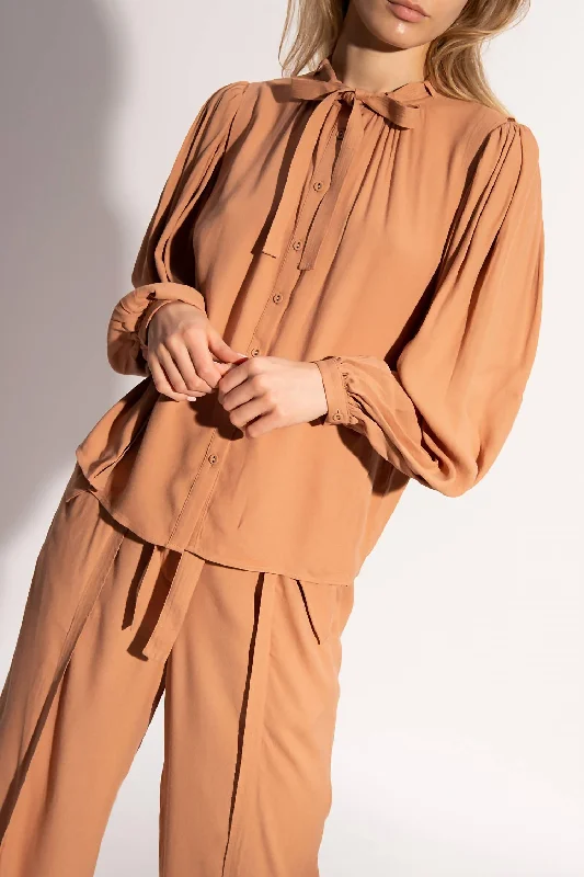 Clemens Long Sleeve Tie Bow Blouse In Fawn Brown Satin Bow Blouse