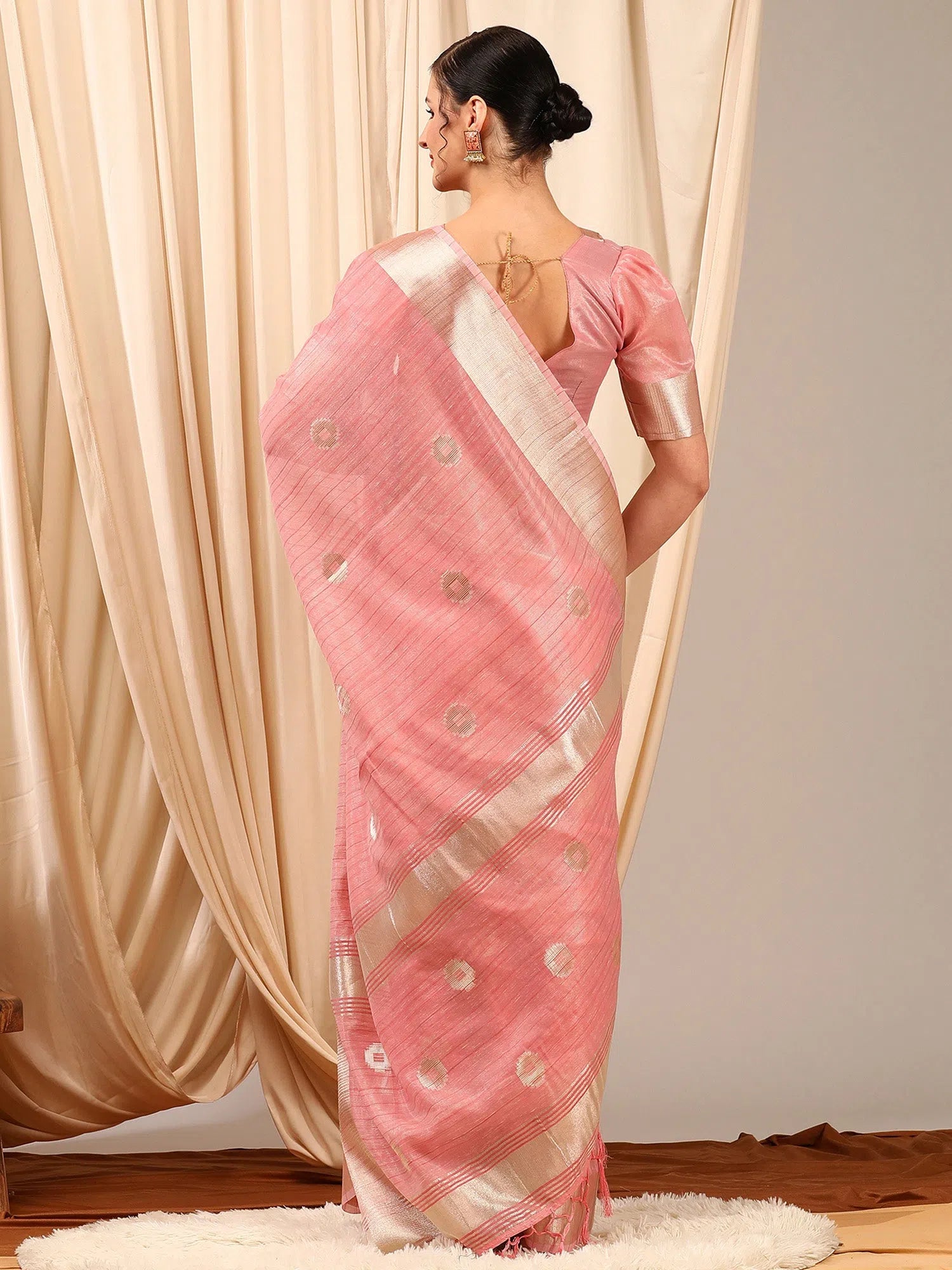 Saree Mall Women's Linen Pink Woven Design Designer Saree With Blouse Piece-LINOMA07A Smart Business Blouse