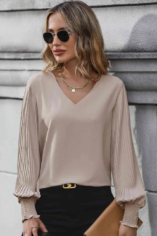 Pleated Lantern Sleeve V-Neck Blouse Classic White Blouse