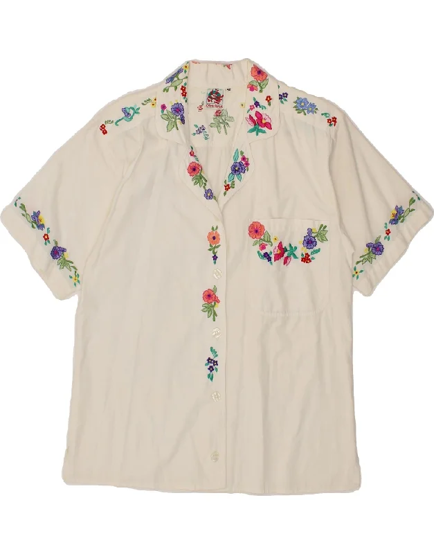 VINTAGE Womens Short Sleeve Shirt EU 40 Medium White Floral Cotton-- Jersey Fabric Tulle Fabric Batik Fabric