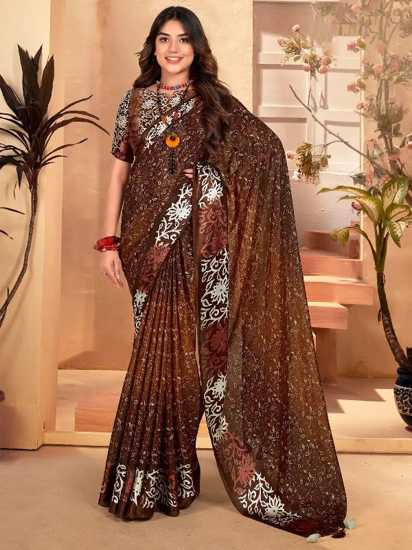 Saree Mall Women's  Blend Brown Printed Designer Saree With Blouse Piece-SANTONI113 Elegant Lace Blouse