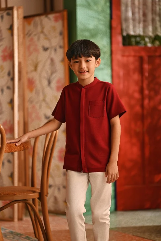 The Nian Nian Mandarin Shirt - Maroon-- Knit Fabric Woven Fabric Fleece Fabric