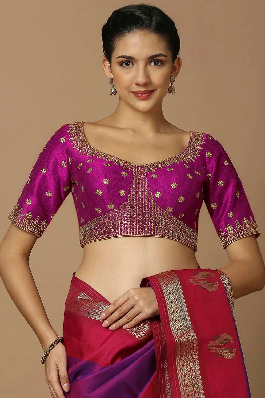 Magenta Silk Elbow Length Padded Blouse Lightweight Linen Blouse