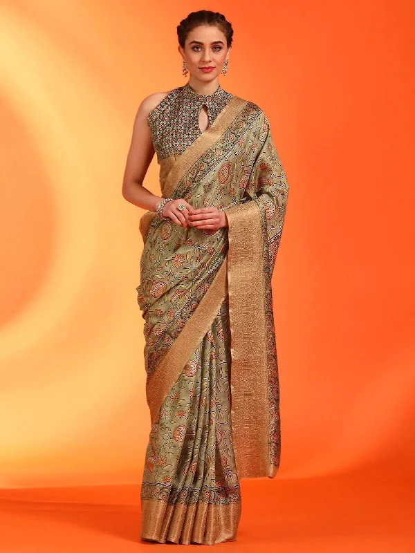 Saree Mall Women's Dola  Olive Printed Designer Saree With Blouse Piece-ANTRIKSA101 Chic Ruffle Blouse