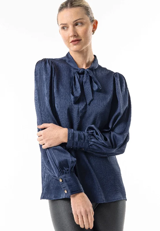 Angeleye Satin Textured Tie Neck Blouse In Navy Peter Pan Collar Blouse