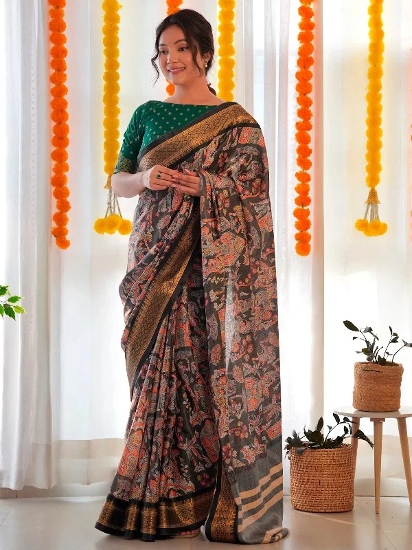 Saree Mall Women's  Blend Black Printed Designer Saree With Blouse Piece-AAVYA2502 Vintage Polka Blouse