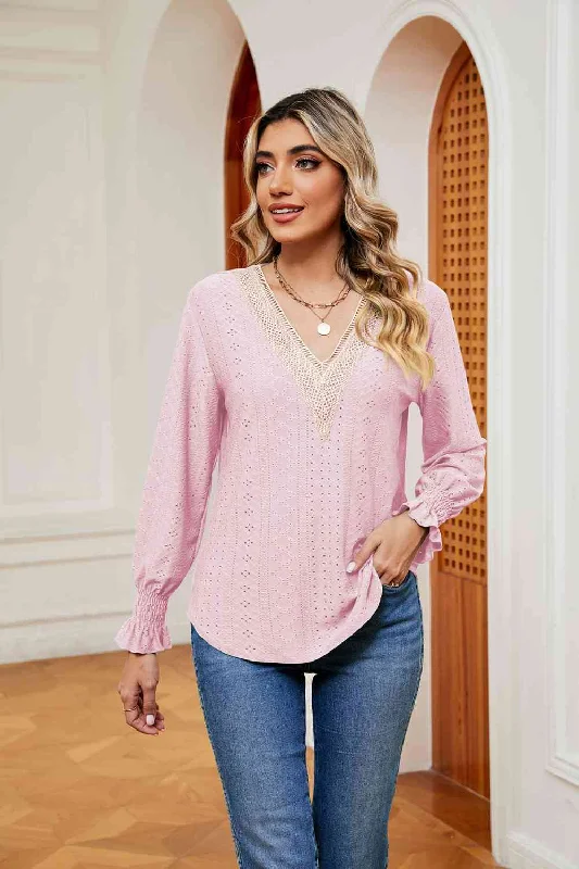 Contrast Flounce Sleeve Blouse Floral Chiffon Blouse