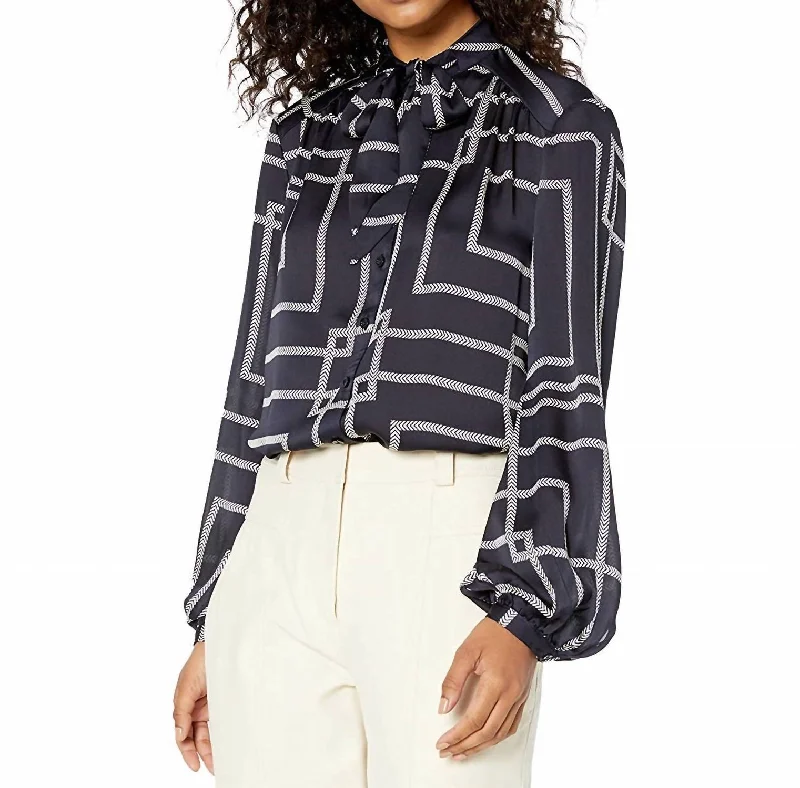 Lutana Self Tie Neckline Long Sleeve Button Down Blouse In Midnight Elegant Peplum Blouse