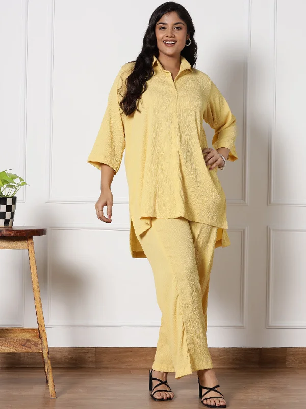 Yellow Textured ShirtTop & WaistbandPalazzo-- Fitted T-Shirt Seamless Stretchy