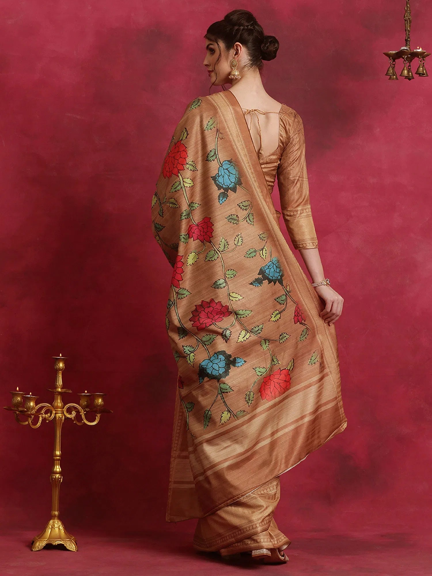 Saree Mall Women's Cotton Blend Brown Printed Designer Saree With Blouse Piece-HIBRO103C Embellished Collar Blouse
