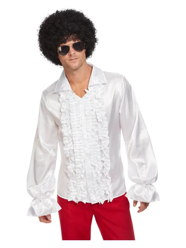 Mens White 60s Ruffled Shirt Retro Outfit-- V-Neck T-Shirt Long Sleeve Cotton