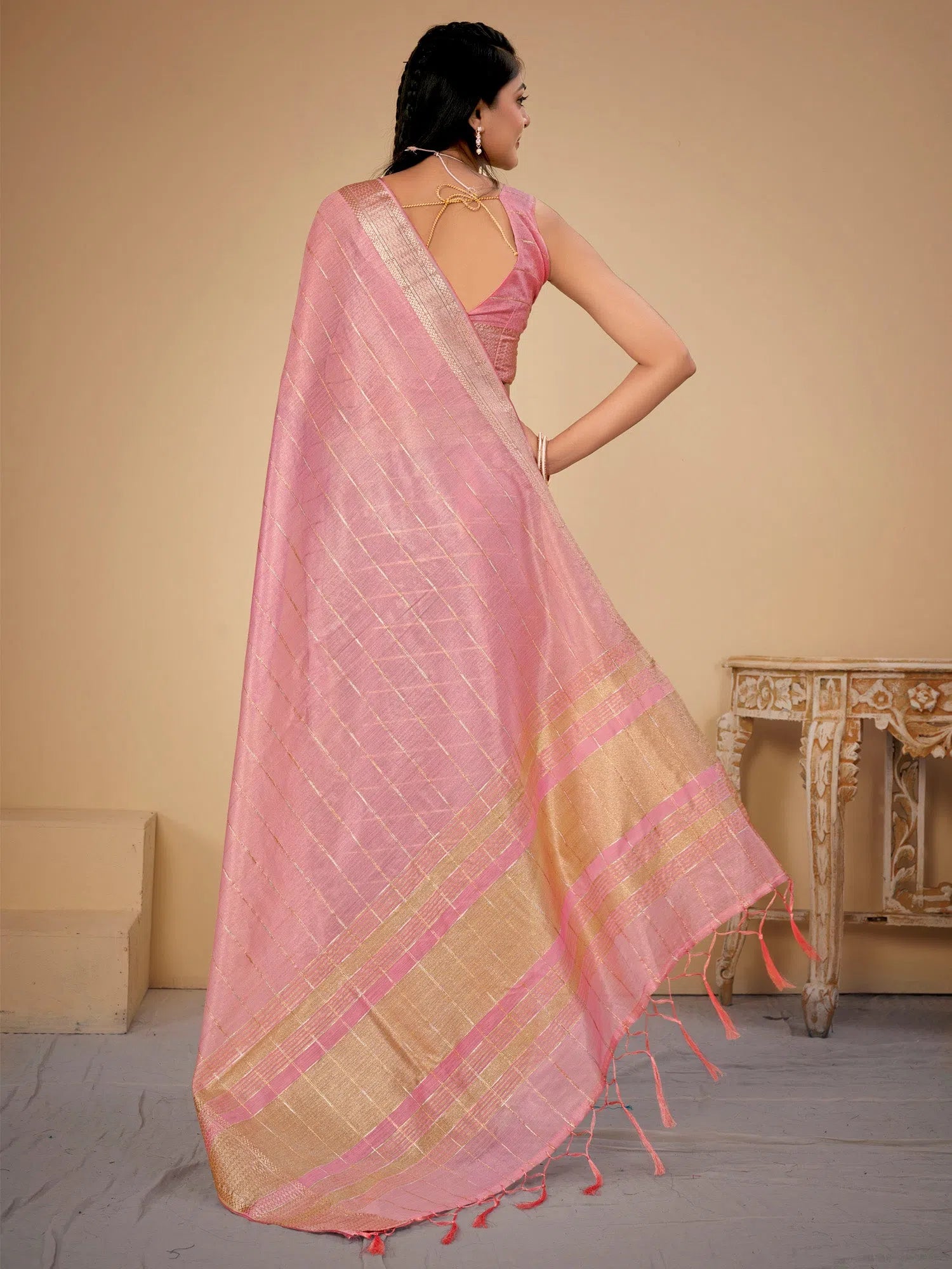 Saree Mall Women's Cotton  Pink Woven Design Designer Saree With Blouse Piece-LINOMA02C Drape Neck Blouse