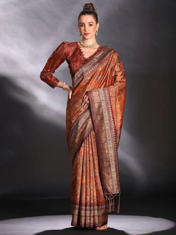 Saree Mall Women's Cotton Blend Rust Printed Designer Saree With Blouse Piece-KOZI202 Gathered Detail Blouse