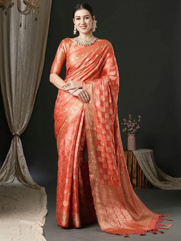 Saree Mall Women's Satin  Peach Woven Design Designer Saree With Blouse Piece-AQRIUSDLX04C Chic Sleeveless Blouse