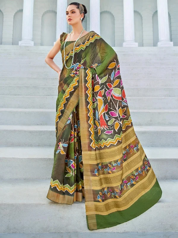 Saree Mall Women's Cotton Blend Green Printed Designer Saree With Blouse Piece-RJGHRNA106 Versatile Layering Blouse