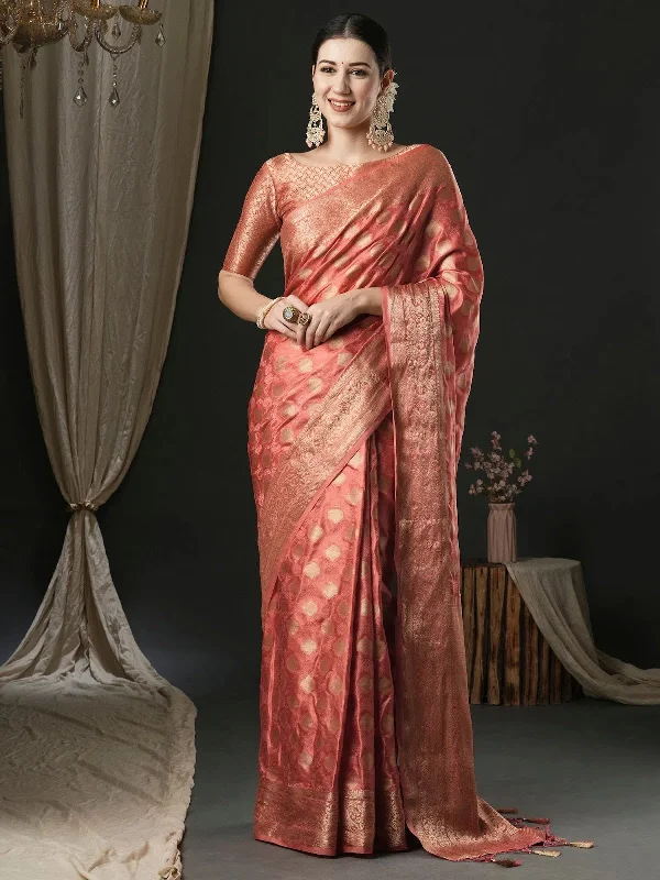 Saree Mall Women's Satin  Peach Woven Design Designer Saree With Blouse Piece-AQRIUS05B Lightweight Floral Blouse