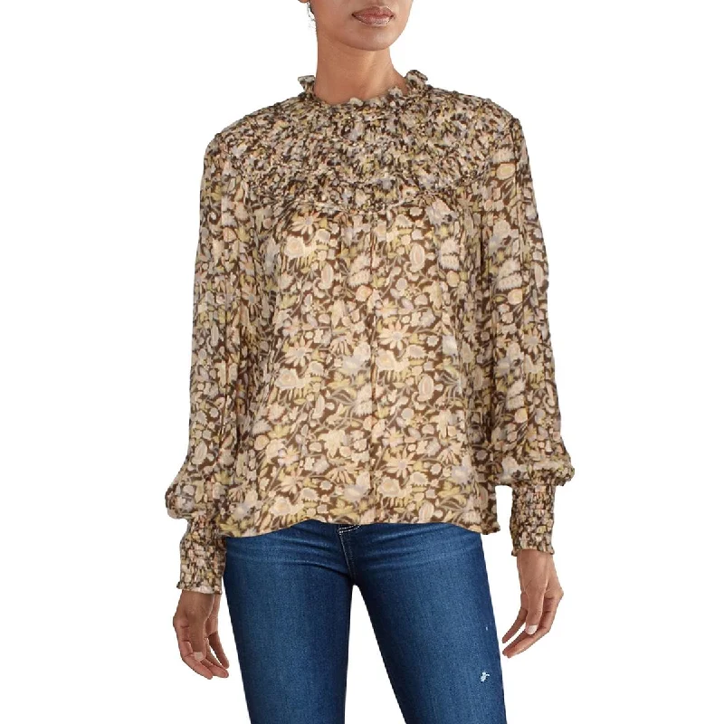 Womens Floral Print Smocked Blouse Asymmetric Hem Blouse