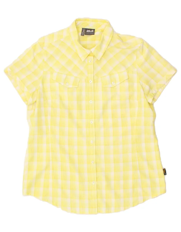 JACK WOLFSKIN Womens Slim Fit Short Sleeve Shirt UK 16 Large Yellow Check-- Handmade Hand-knitted Hand-woven