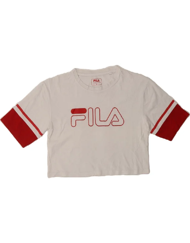 FILA Womens Crop Graphic T-Shirt Top UK 10 Small White Colourblock-- Spandex Blend Rayon Blend Denim Blend