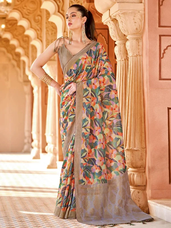 Saree Mall Women's Cotton Blend Multicolored Printed Designer Saree With Blouse Piece-NITRA208 Embellished Collar Blouse