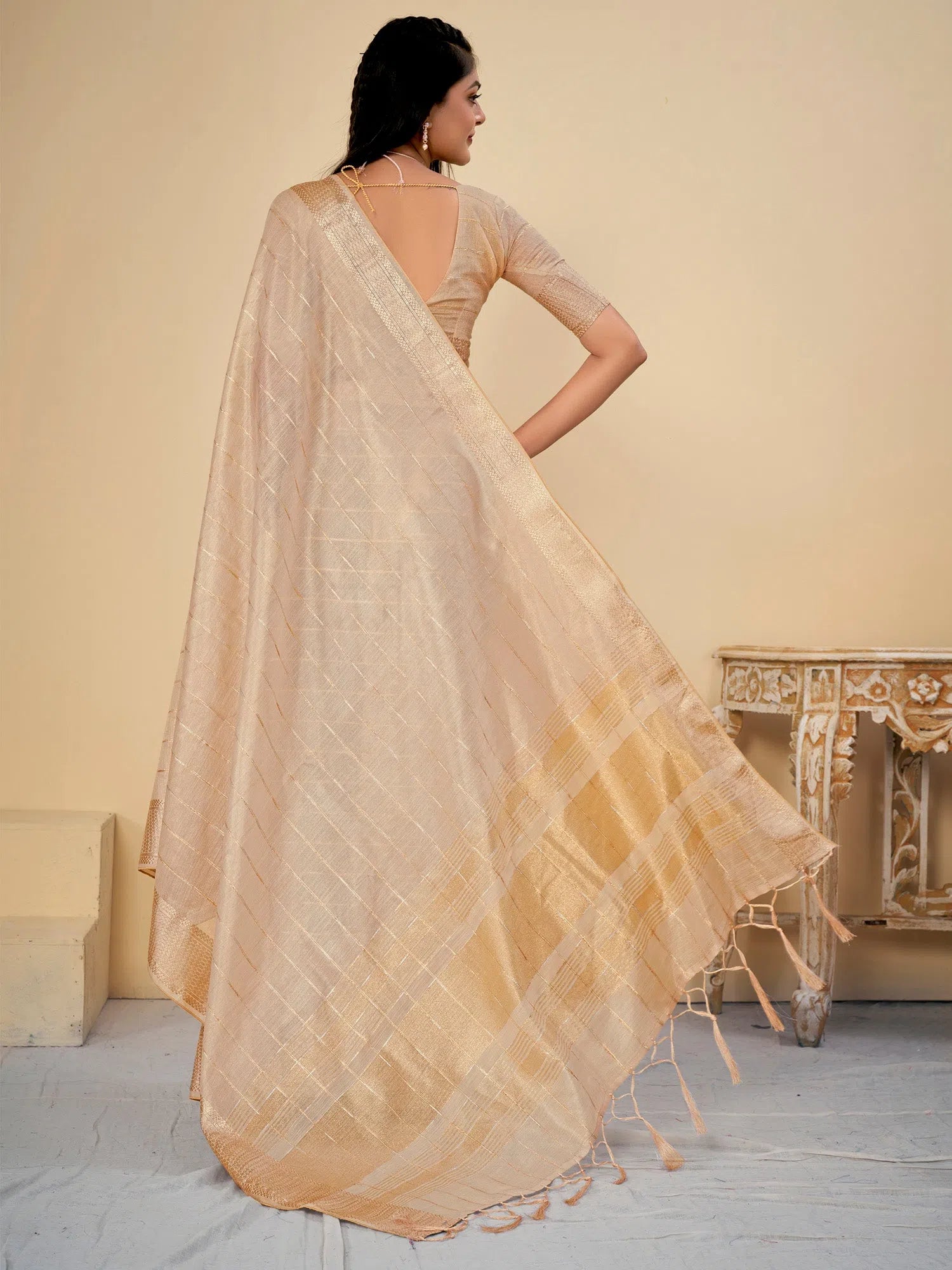 Saree Mall Women's Cotton  Cream Woven Design Designer Saree With Blouse Piece-LINOMA02F Playful Puff Blouse