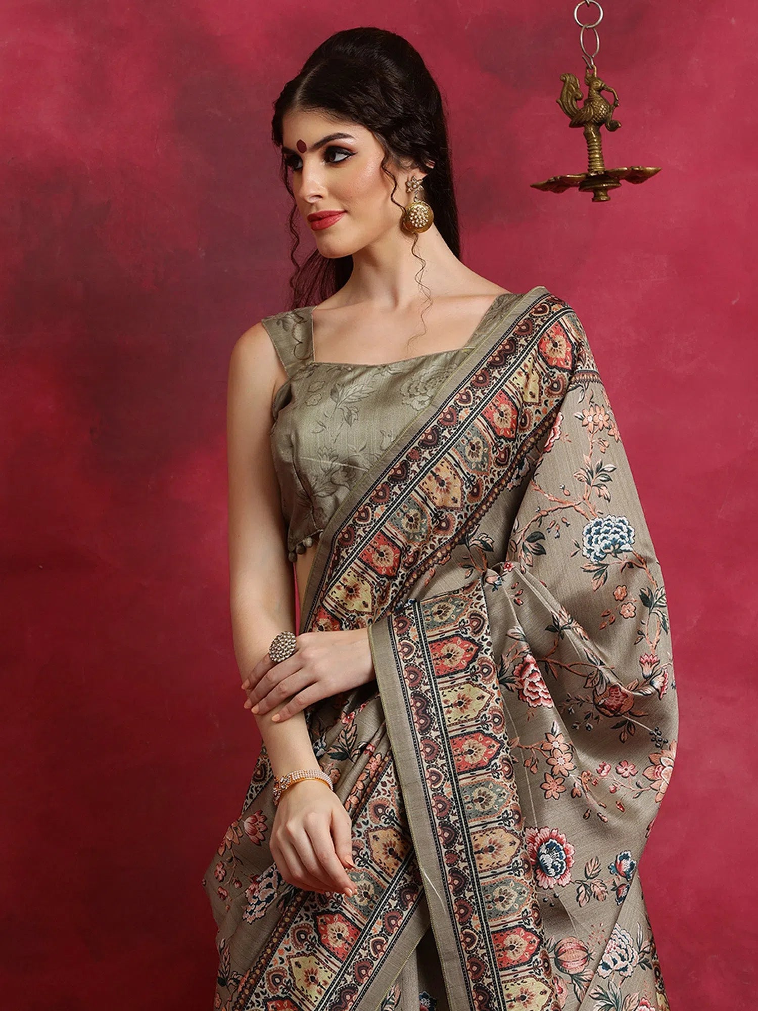 Saree Mall Women's Cotton Blend Camel Brown Printed Designer Saree With Blouse Piece-HIBRO105D Casual Button Blouse
